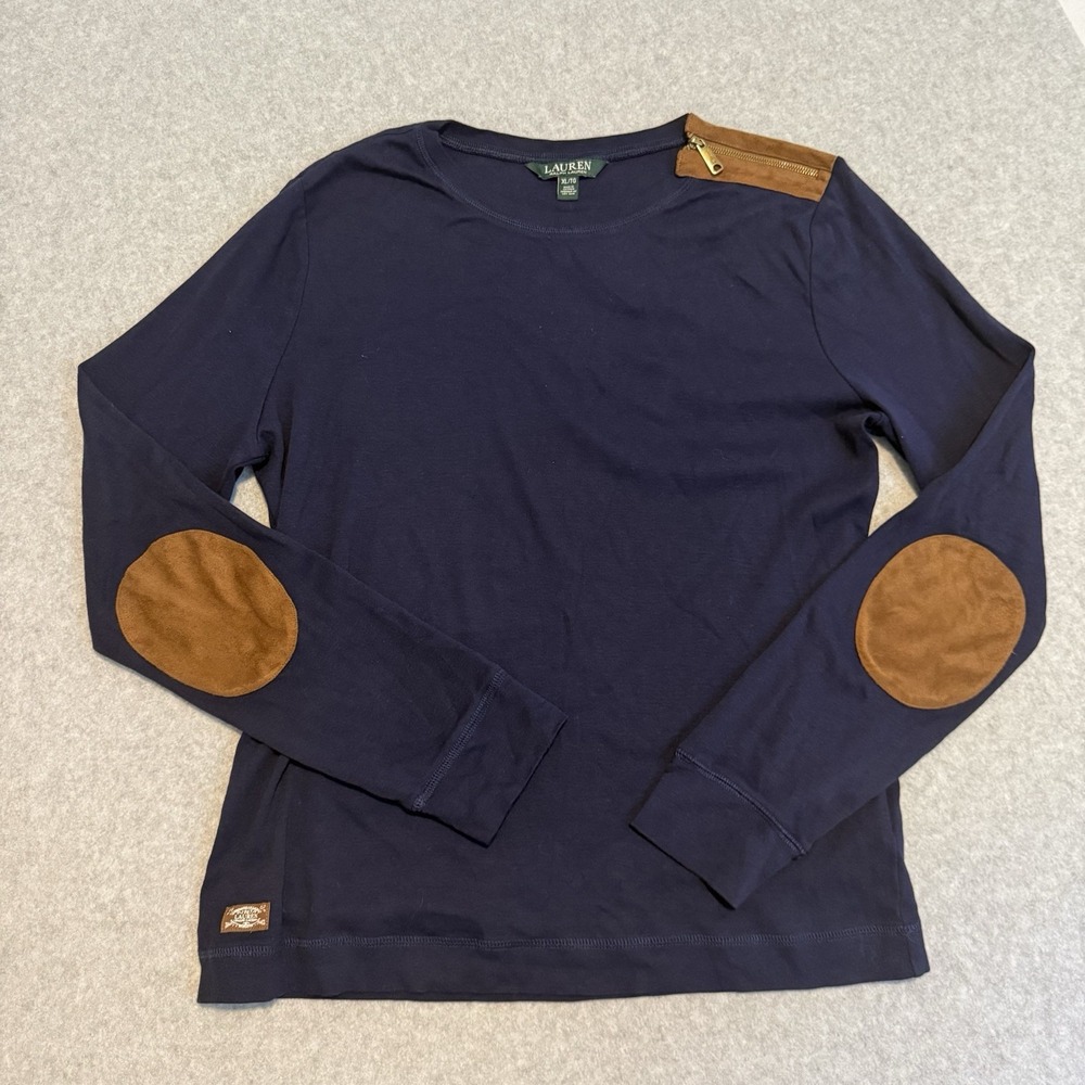 Lauren Ralph Lauren Top XL Navy Blue Faux Suede Elbow Patch Shoulder Zip Preppy